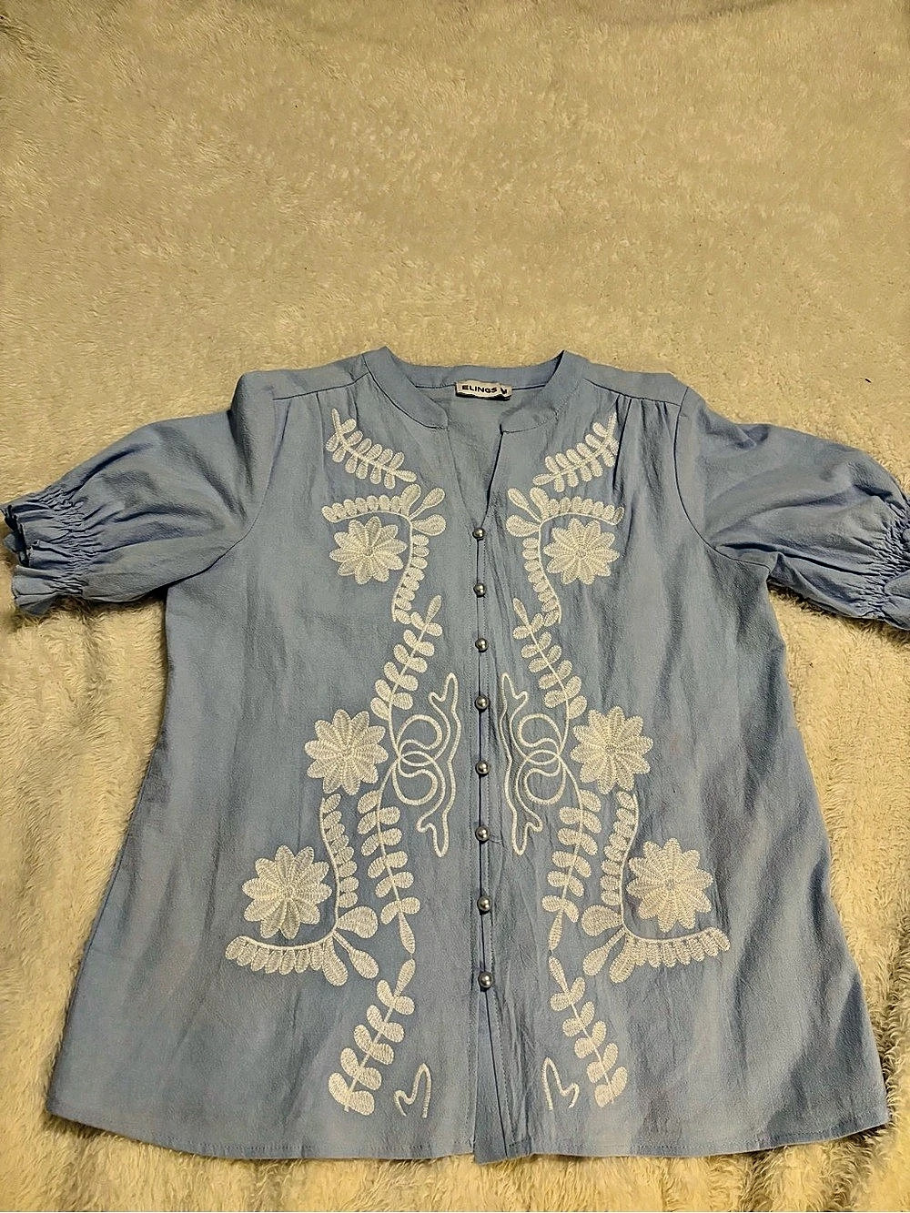ELINGS Embroidered Blouse in Blue & Cream
